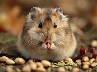 Wall Mural - A hamster is eating some seeds on the ground