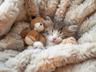 Wall Mural - A cat is sleeping with a teddy bear