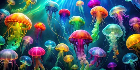 Wall Mural - Colorful jellyfish floating gracefully in the water , underwater, marine life, ocean, vibrant, translucent