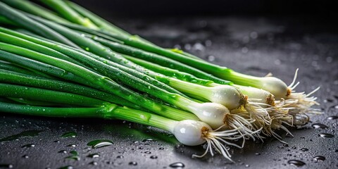 Wall Mural - Fresh green onions with water drops on black background, fresh, green onions, water drops, black background, organic, vegetables