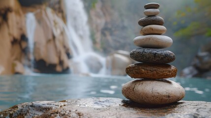 Wall Mural - Zen Rock Stack by Misty Waterfall with Ample Copy Space