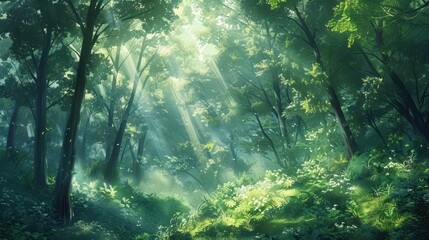 Wall Mural - A serene forest with sunlight filtering through the trees, gentle mist, and lush greenery, illustration background