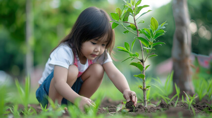 Young girl planting a tree in a garden on a sunny day, close-up