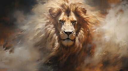 An abstract interpretation of a lion's mane, with fluid brushstrokes and layers of texture, conveying its untamed beauty 