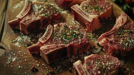 Wall Mural - Close up of fresh tomahawk beef cuts and seasonings on a wooden surface