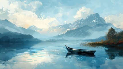Wall Mural - A tranquil lake with mountains in the background and a small boat on the water, illustration background