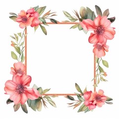 Wall Mural - Watercolor floral frame with pink flower and leave on a white background. AIG35.