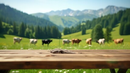 Wall Mural - Table foreground with alpine meadow and cows with mountain backdrop. AIG35.