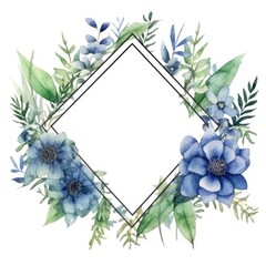 Wall Mural - Watercolor frame with blue flower and green leaves on white background. AIG35.