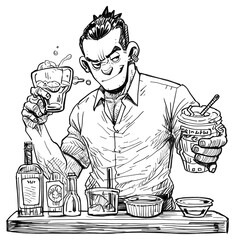 Poster - PNG Outline sketching illustration of a friendly bartender cartoon drawing adult.