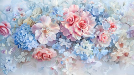 Wall Mural - Pastel floral arrangement of roses and hydrangeas. Springtime concept. AIG53F.