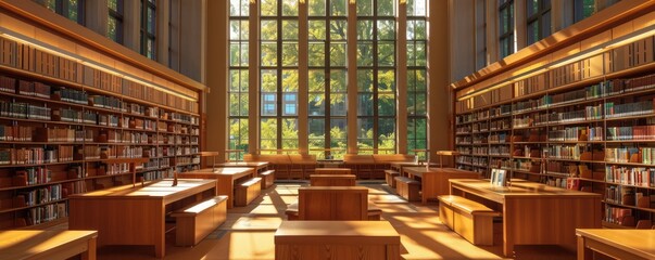 Sunlit library with bookshelves, seating areas, and cozy atmosphere is perfect for reading AIG59