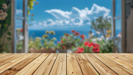 Wall Mural - Empty wood table top with blur background of window with home garden view