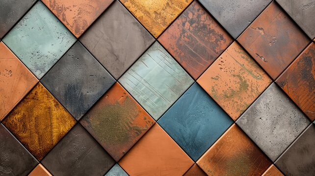 A set of rhombus-shaped tiles in various earthy tones arranged in a geometric pattern.