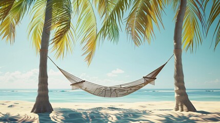 A serene beach scene with a hammock gently swaying between two palm trees