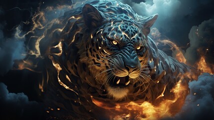 An elemental cheetah surrounded by swirling winds, crackling lightning, and roiling clouds, representing the power of nature  