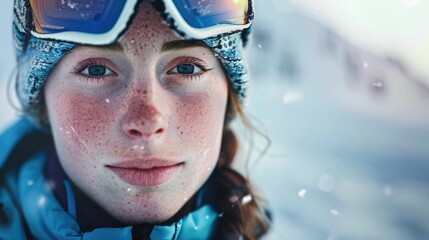 Wall Mural - The close up picture of a person looking at camera with snow background. AIG43.