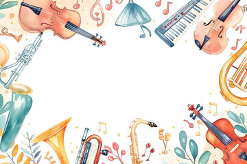 Cute cartoon music instruments frame border background in watercolor style.