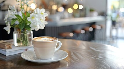 Wall Mural - Elegant flat white coffee with vanilla bean in a chic cafe, perfect for showcasing gourmet coffee experiences.