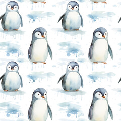 Wall Mural - Watercolor seamless pattern with cute penguins on snowy background, isolated on white.