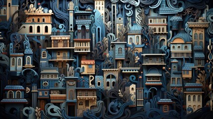 An intricate paper art illustration of an abstract cityscape 
