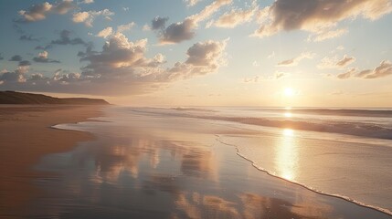 Wall Mural - Peaceful beach at dawn with the sun rising and soft clouds in the sky, perfect for capturing a quiet moment.
