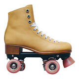A tan roller skate with white laces and pink wheels