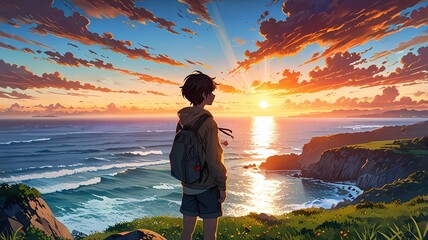 A boy standing on a cliff looking a  sunset Anime style illustration, anime flat art, background landscape, scene