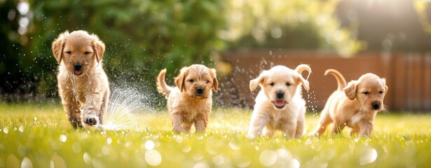 A group of puppies playing with a sprinkler in a sunny backyard.
