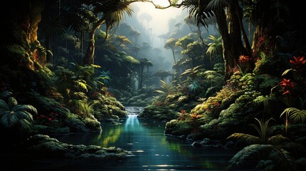 Wall Mural - Dense rainforest with a variety of exotic animals  
