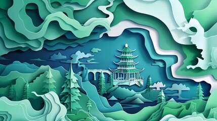 Wall Mural - Green and white paper cut landscape illustration poster background