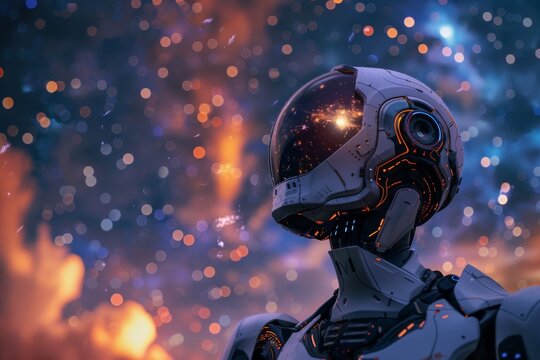 A strange image shows a robot staring up at a starry night sky, its eyes conveying awe and the prospect of a world free of conflict.