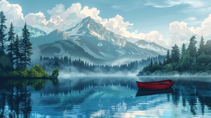 Wall Mural - A tranquil lake with mountains in the background and a small boat on the water, illustration background