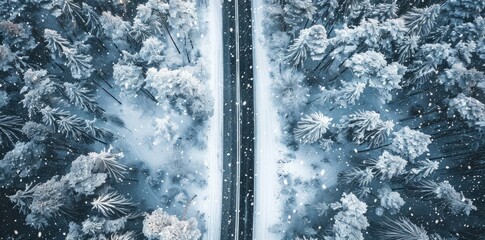 Wall Mural - Aerial view of a snowy highway road in a winter forest landscape with trees and falling snowflakes.