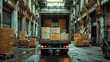 A truck is parked in a warehouse with a lot of boxes