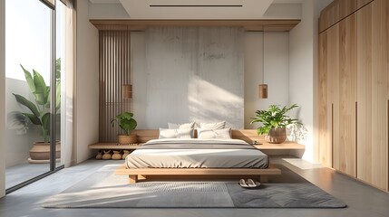 Wall Mural - Spacious modern bedroom featuring minimalist decor with a large bed, gray linen, wooden wardrobe, and green plants adding a natural touch.