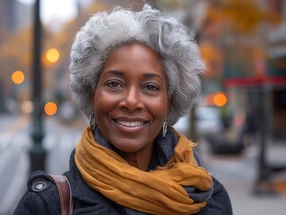 Wall Mural - Portrait of a beautiful senior African American woman with grey hair walking in the street, wearing business casual attire and smiling at the camera, City background.