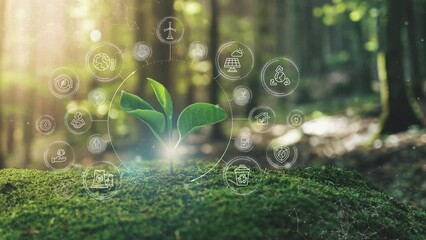 Wall Mural - ecological green energy icons concept young plant springing up out of the moss soil