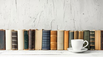 Poster - Row of books and a coffee cup on a white table with space for text