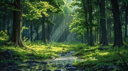 Wall Mural - A serene forest with tall trees, sunlight filtering through the leaves, and a small stream, illustration background