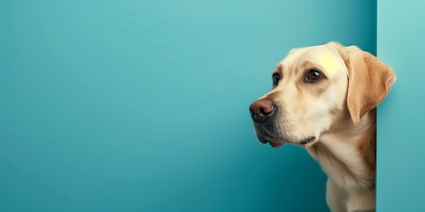 funny and happy puppy dog peeking out from behind a blue banner