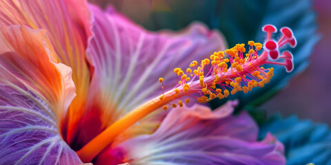 Wall Mural - Close Up of Vibrant Hibiscus Flower Stamen with Colorful Petals and Natural Background