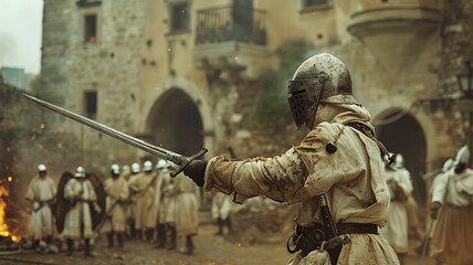 Embark on a historical journey with this professional image capturing the Portuguese army during the Middle Ages, featuring courageous soldiers adorned in authentic medieval armor