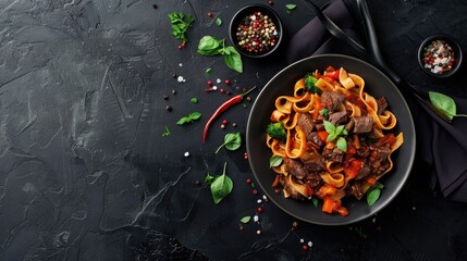 Wall Mural - Italian homemade pasta dish with beef and tomato sauce on black background from top view