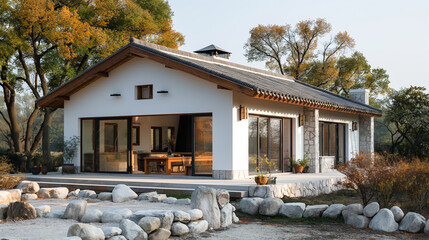 Wall Mural - Photograph of a small, single-story modern house in rural China. The white stucco walls have wooden windows and doors, with a gabled roof where one side is flat.