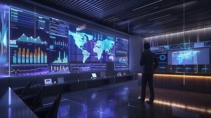 Wall Mural - An immersive virtual workspace with interactive business intelligence dashboards, showcasing financial data, market trends, and predictive analytics.