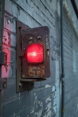 Wall Mural - A close-up view of a red light shining on a brick wall, with textured and worn surface