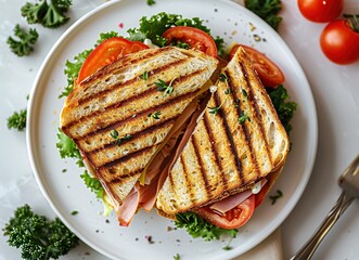 Wall Mural - Grilled Ham and Tomato Sandwich on a White Plate