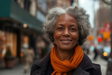 Portrait of a beautiful senior African American woman with grey hair walking in the street, wearing business casual attire and smiling at the camera, City background.
