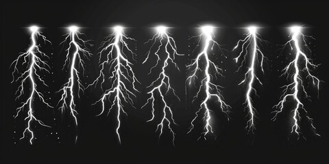 Wall Mural - a collection of lightning flashes illuminating a dark, mysterious black background
